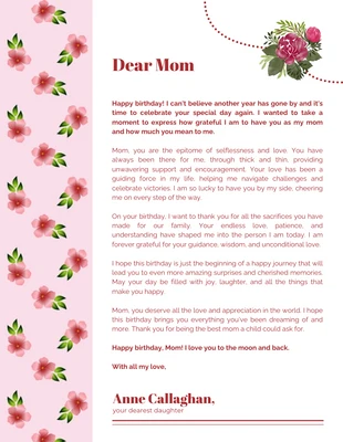 Free  Template: Pink Rose Floral Mom Birthday Letterhead