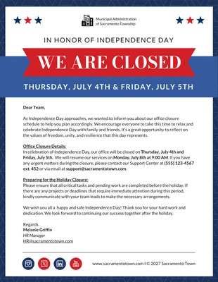 business  Template: إشعار إغلاق عطلة عيد الاستقلال، النشرة الإخبارية عبر البريد الإلكتروني