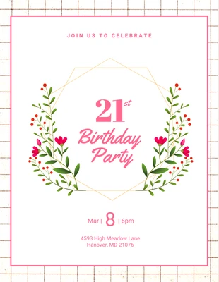 Free  Template: Convite de aniversário de 21 anos com estética de grade moderna branca e rosa