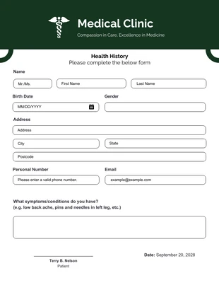 Free  Template: Formularios de historial médico simples en verde y blanco