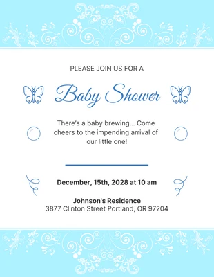 Free  Template: Convite para chá de bebê borboleta branco e azul claro