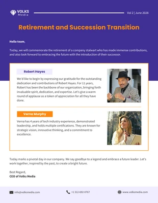 business  Template: Newsletter e-mail sulla transizione per pensionamento e successione