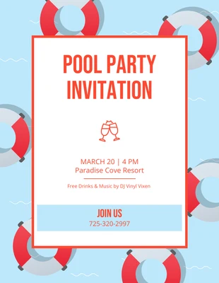 Free  Template: Convite para festa na piscina com boia salva-vidas ilustrativa vermelha e azul