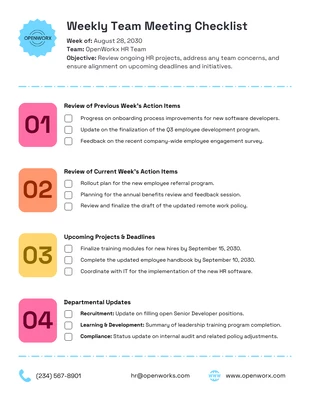 Free interactive Template: Plantilla de Lista de Verificación de Trabajo sobre el Tema de Reunión Semanal en Equipo