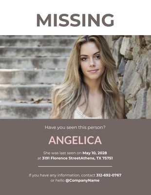 Free  Template: Poster per persone scomparse con foto di una donna bruna