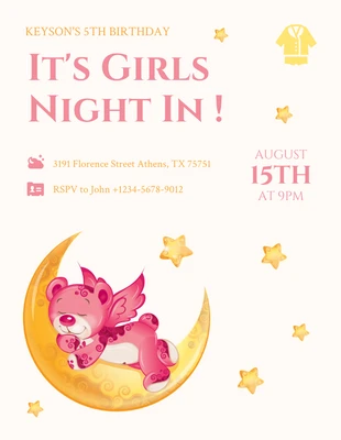 Free  Template: Convite para festa do pijama de urso fofo com ilustração alegre e rosa