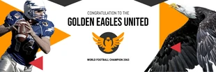 Free  Template: Bannière d'équipe de football blanche, noire et orange, moderne et futuriste, de félicitations