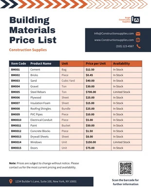 premium interactive Template: Modelo de lista de preços de materiais de construção