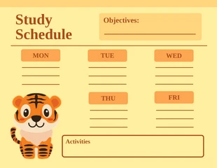 Free  Template: Light Yellow Simple Tiger Theme Study Schedule Template