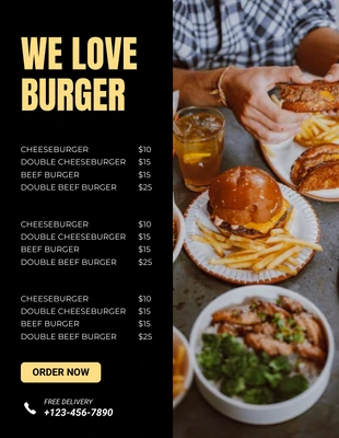 Free  Template: Folheto preto minimalista We Love Burger