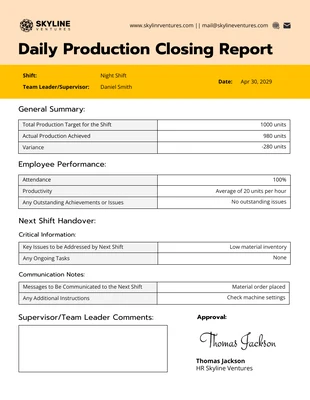 business  Template: Daily Production Closing Report Template