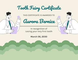 Free  Template: Certificado de hada de los dientes de ilustración moderna de color amarillo claro y verde