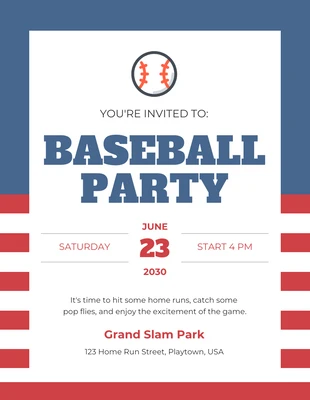 Free  Template: Invitation à la fête de baseball à rayures blanches et bleues