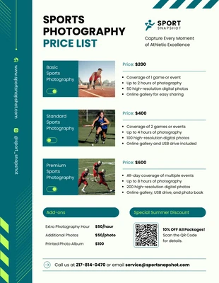 business  Template: Plantilla de lista de precios de fotografía deportiva.