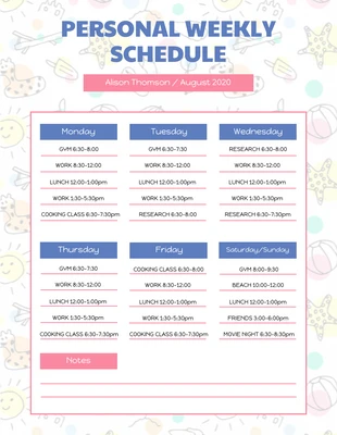Summer Personal Weekly Schedule
