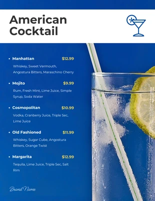 Free  Template: Menus de cocktails modernes bleu royal