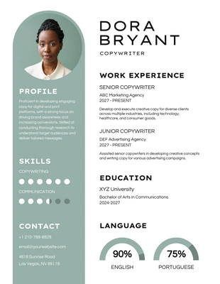 White and Green Simple Copywriter Academic Resume