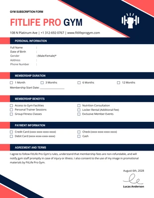 premium  Template: Anmeldeformular für ein modernes Fitnessstudio in Marineblau und Rot