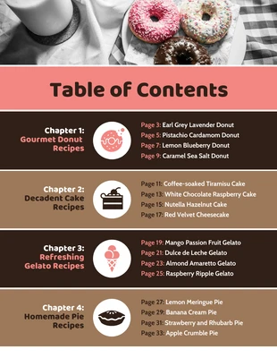 Free  Template: جدول محتويات دليل وصفات الحلوى الوردية