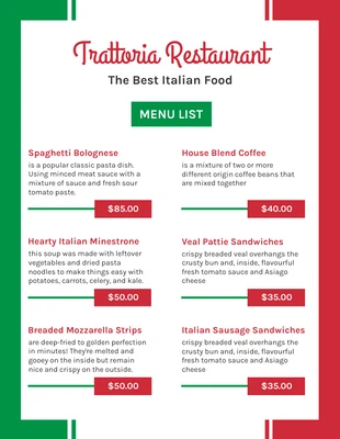 Free  Template: Menu de restaurante italiano moderno simples verde e vermelho