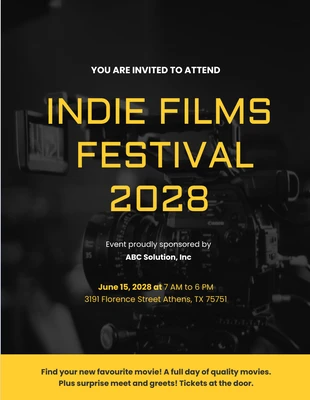 Free  Template: Plantilla Negra y Amarilla del Programa del Festival de Cine Indie