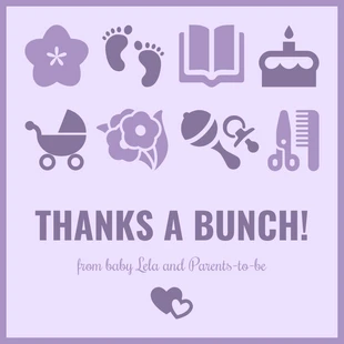 Free  Template: Tarjeta de agradecimiento púrpura para baby shower