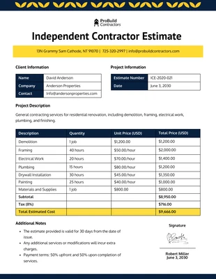 business  Template: Independent Contractor Estimate Template