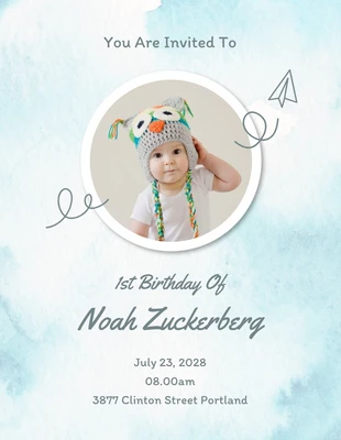 Free  Template: Invito al 1° compleanno del bambino acquerello blu moderno e giocoso