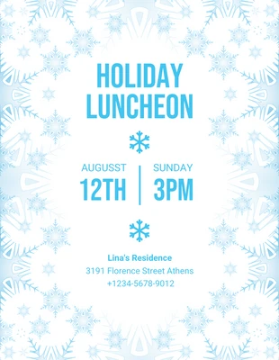 Free  Template: Invitación Almuerzo de vacaciones de copo de nieve moderno blanco y azul