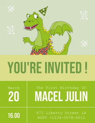 Free  Template: Green Simple Illustration Playful Dragon 1st Birthday Invitation