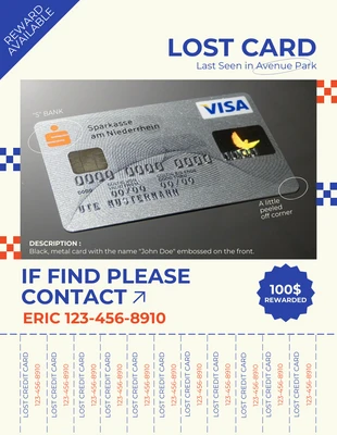 Free  Template: Poster bleu et orange pour carte de crédit perdue