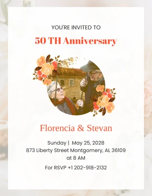 Free  Template: Convites de aniversário de 50 anos laranja e florais