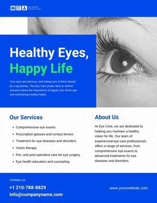 Free  Template: Modelo de pôster de serviços de cuidados com os olhos branco e azul
