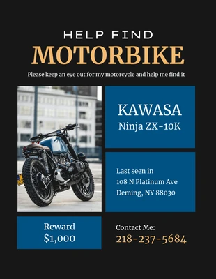 Free  Template: Affiche perdue de moto noire et bleu foncé