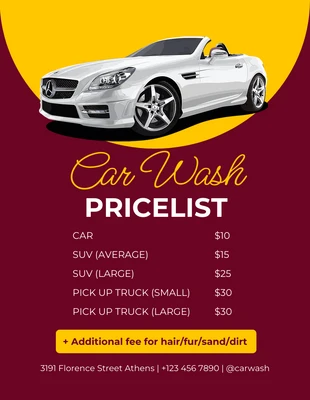 Free  Template: Flyer minimalista rojo y amarillo de lista de precios de lavado de coches