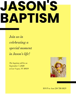 Free  Template: Convite de batismo simples, em preto e amarelo, em negrito