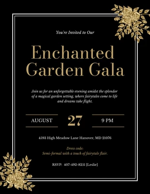 Free  Template: Black And Gold Garden Gala Invitation