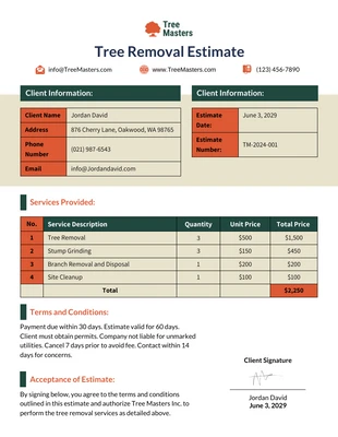Free  Template: قالب تقدير إزالة الشجرة