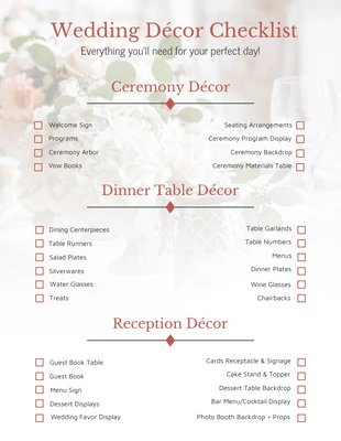 Floral Wedding Decor Checklist