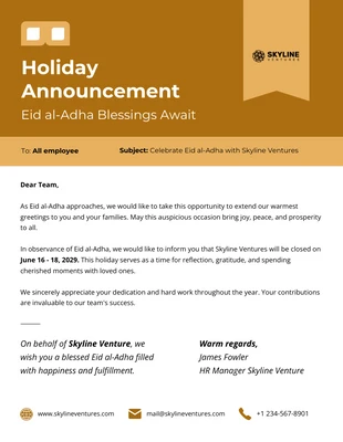 Free  Template: إعلان العطلة: بركات عيد الأضحى في انتظار النشرة الإخبارية عبر البريد الإلكتروني