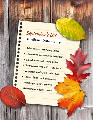Free  Template: Modelo de lista de pratos para o mês de setembro