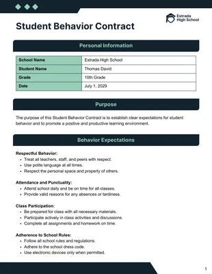 Free  Template: Modèle de contrat sur le comportement des étudiants