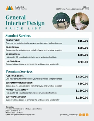 premium  Template: Plantilla general de lista de precios de diseño de interiores.