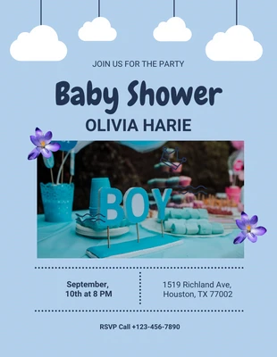 Free  Template: Folleto de baby shower minimalista azul bebé