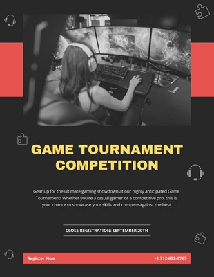 Free  Template: Modèle de flyer pour le tournoi de jeux en noir et rouge.