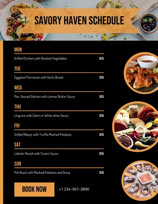 Free  Template: Modèle d'horaire de restaurant de menu orange noir