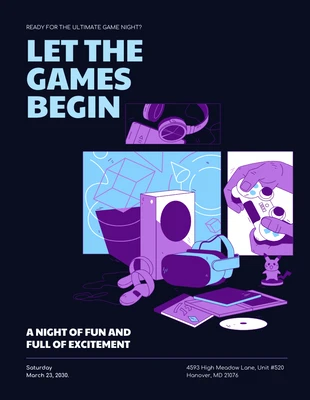 Free  Template: Lettre d'invitation à la soirée de jeu d'illustration violette et bleue