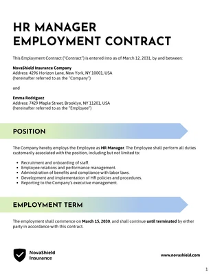 Free accessible and interactive Template: HR Manager Contract Template