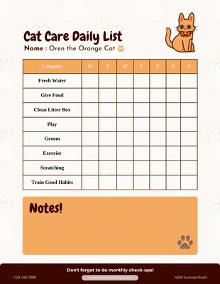 Free  Template: Soft Orange Cat Care Daily List Schedule Template (Modèle de liste journalière pour les soins aux chats)