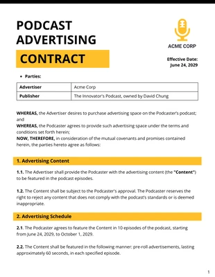 Free  Template: Podcast Advertising Contract Template